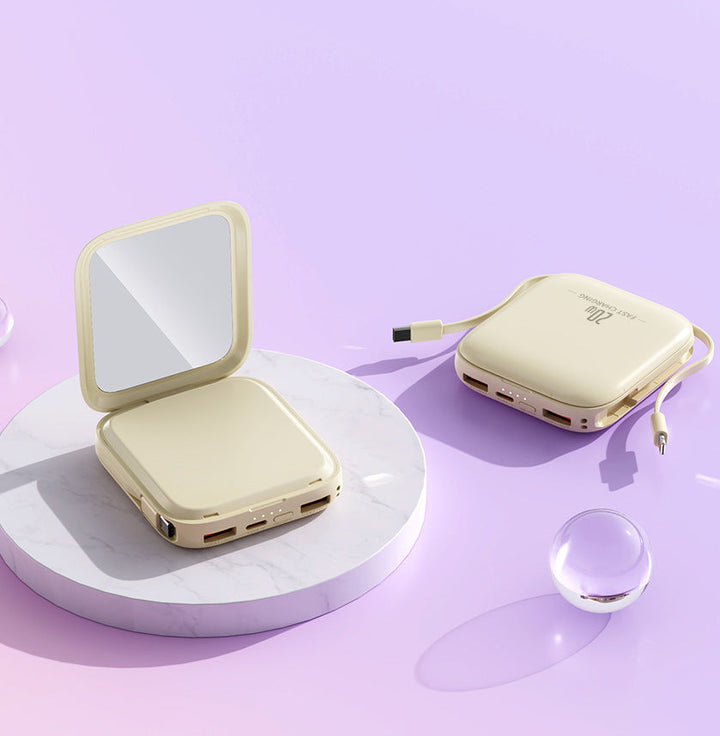 Portable power bank with integrated mirror and multifunctional charging cable