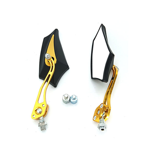Sporty motorcycle rearview mirrors with rounded edges and adjustable viewing angle
