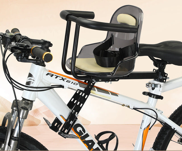 toddler front bicycle seat with adjustable universal mounting bracket and padded safety harness
