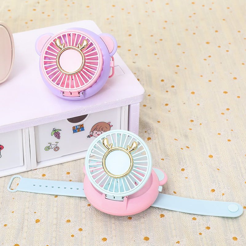 Ladies portable hand fan with integrated mirror and cute animal design