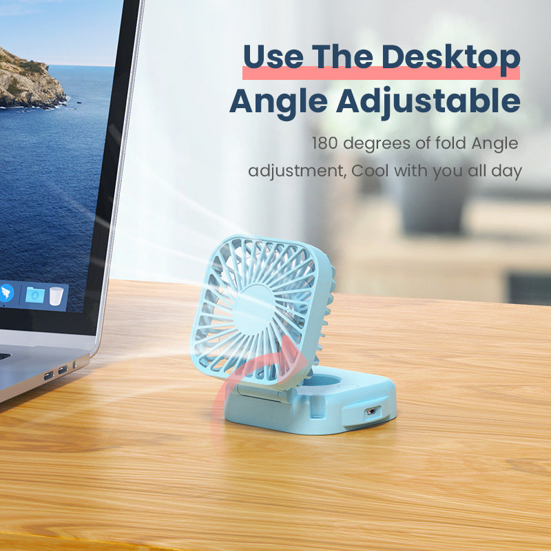 Unisex nan compact foldable clip on handheld desk fan with built in mirror adjustable tilt and USB rechargeable battery