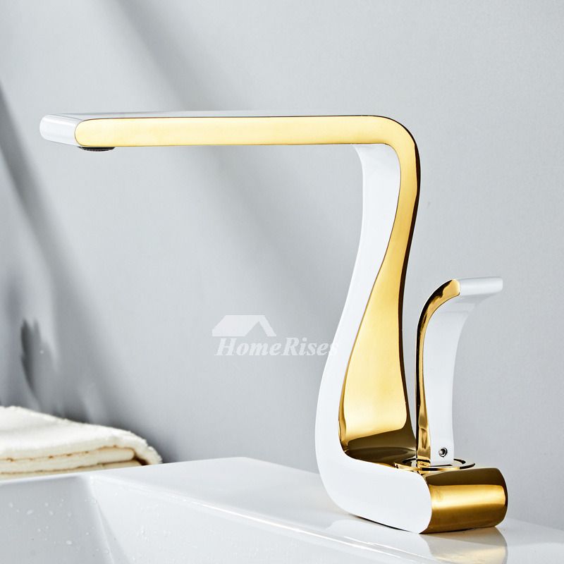Polished Gold Bathroom Sink Faucets Single Handle Luxury Brass White Modern One Hole