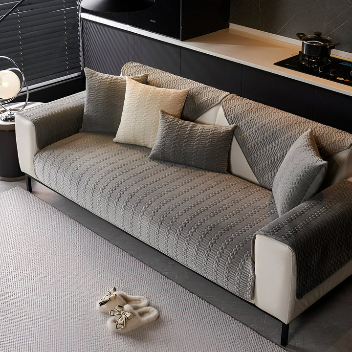 Premium Plush Velvet Sofa Cover – Luxurious Geometric Pattern with Non-Slip Back