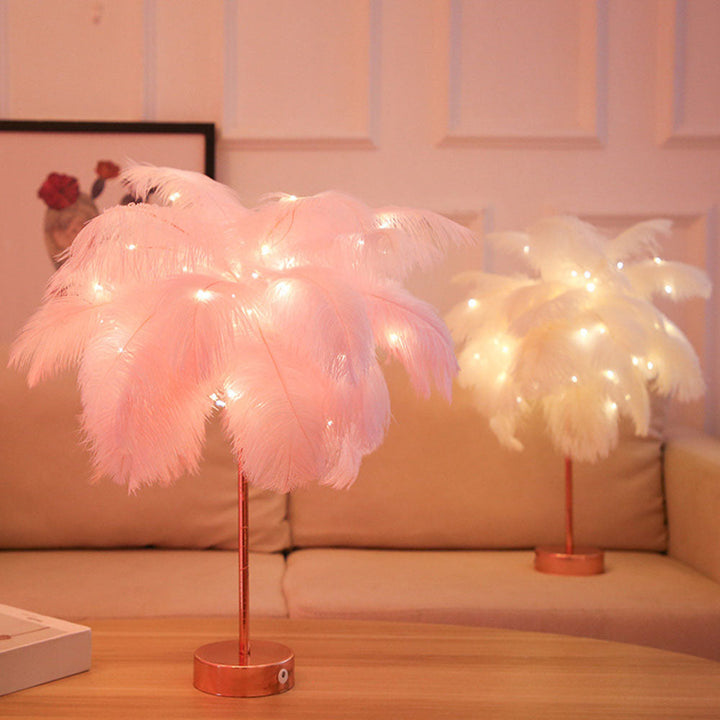Ostrich Night Light | Eccentric Lamp with Feathers &amp; Rose Gold Base |