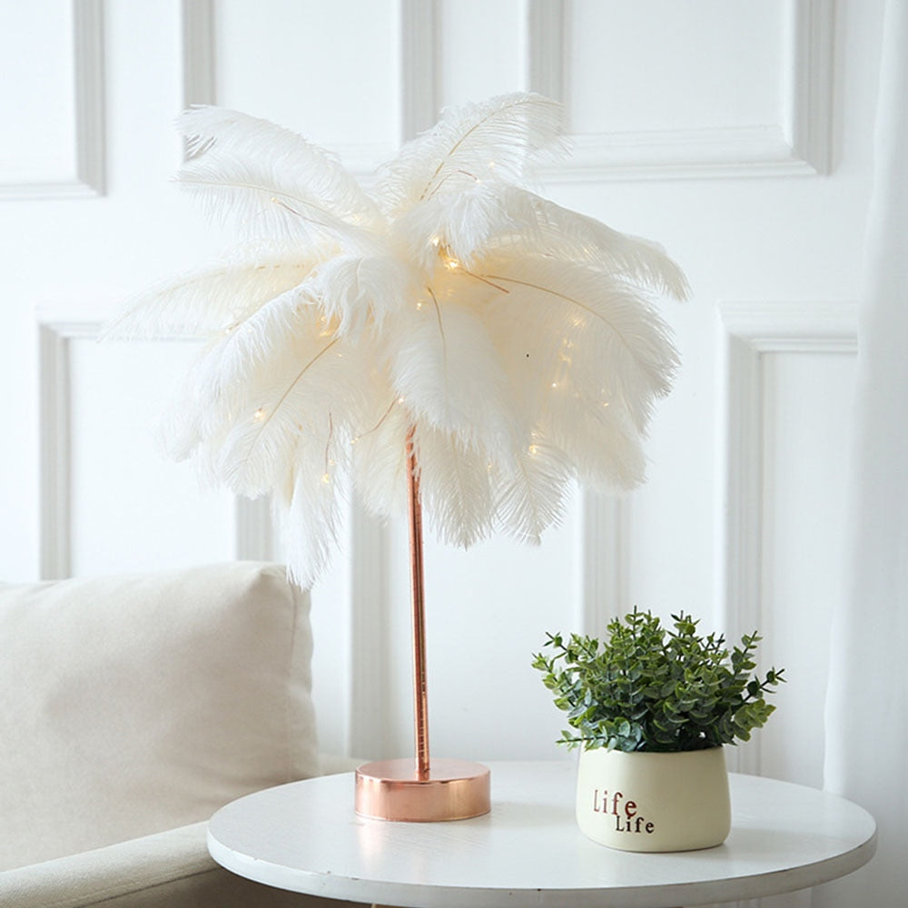 Ostrich Night Light | Eccentric Lamp with Feathers &amp; Rose Gold Base |