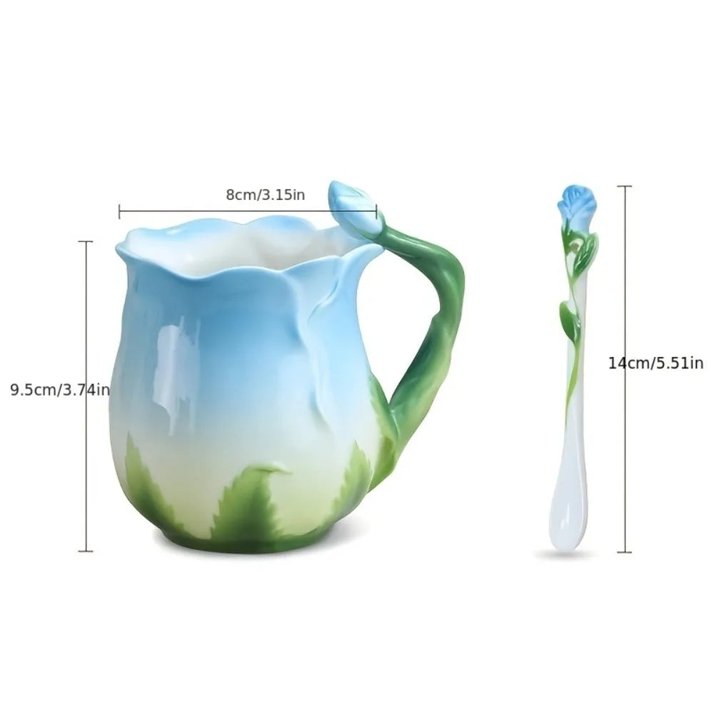3D Rose Flower Coffee Mug Ceramic Coffee Mugs Cute Aesthetic Water Cups with Spoon Summer Winter Drinking Utensils Valentine&