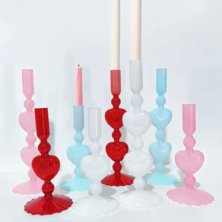 Retro Taper Candle Holder Red Heart Shape Glass Candle Holder Wedding Table Decoration Home Party Glass Vase Decor
