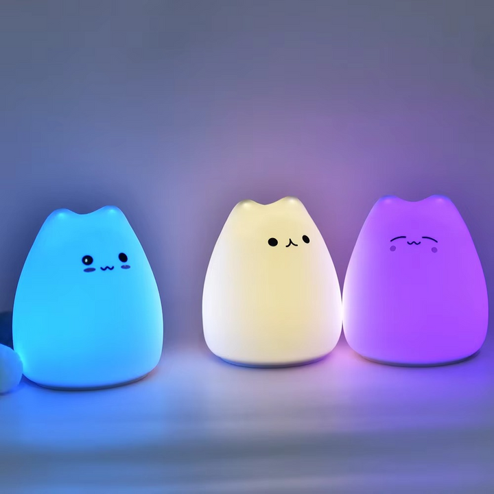 Charming Cat Silicone Night Light with 7-color Touch Sensor