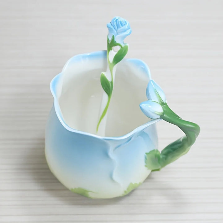 3D Rose Flower Coffee Mug Ceramic Coffee Mugs Cute Aesthetic Water Cups with Spoon Summer Winter Drinking Utensils Valentine&