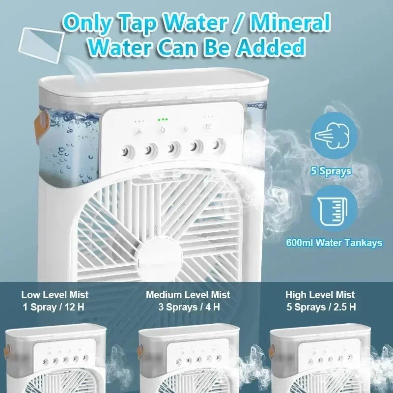 3-in-1 Mini Air Cooler Fan – Portable Household Air Conditioner with LED Night Light, Humidifier, and Adjustable Air for Home &amp; Office |