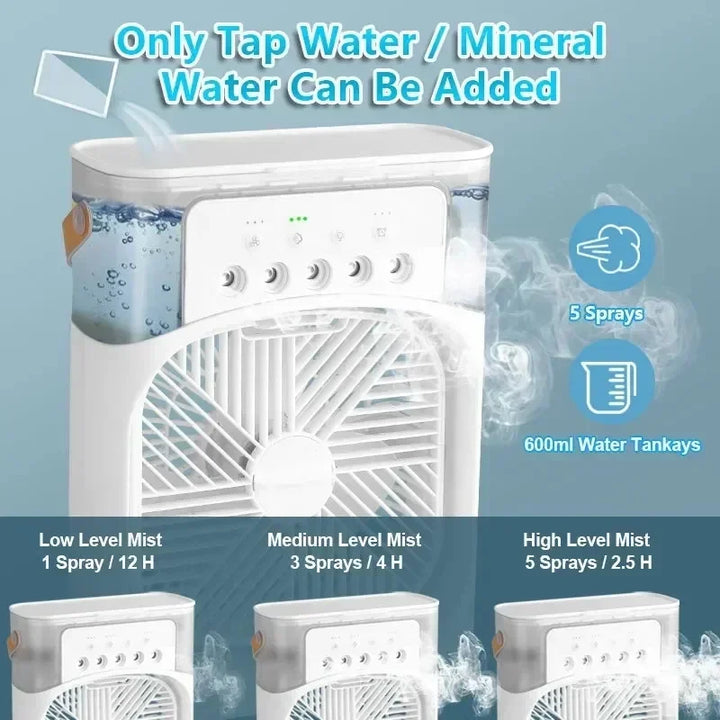 3-in-1 Mini Air Cooler Fan – Portable Household Air Conditioner with LED Night Light, Humidifier, and Adjustable Air for Home &amp; Office |