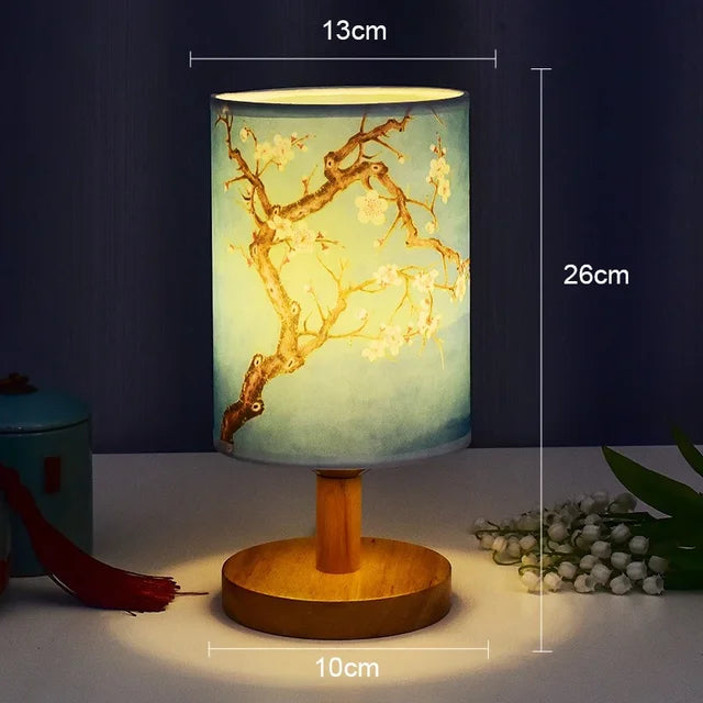 Dimmable LED bedside lamp with fabric shade in plum blossom – Perfect bedroom night lamp
