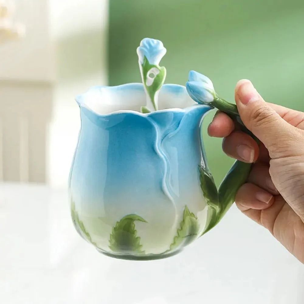 3D Rose Flower Coffee Mug Ceramic Coffee Mugs Cute Aesthetic Water Cups with Spoon Summer Winter Drinking Utensils Valentine&