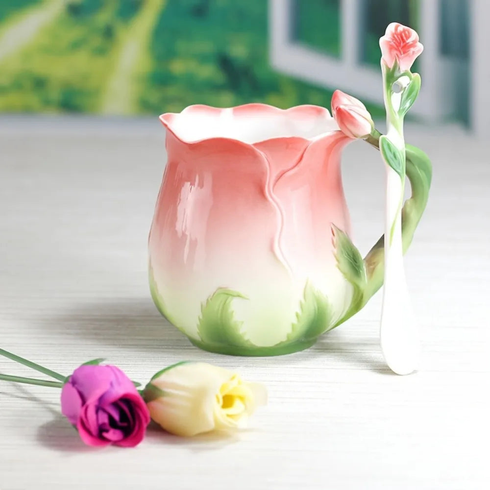 3D Rose Flower Coffee Mug Ceramic Coffee Mugs Cute Aesthetic Water Cups with Spoon Summer Winter Drinking Utensils Valentine&