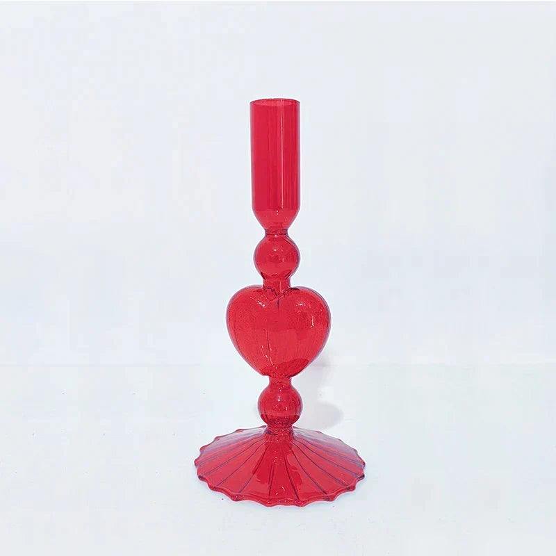 Retro Taper Candle Holder Red Heart Shape Glass Candle Holder Wedding Table Decoration Home Party Glass Vase Decor