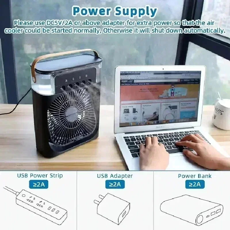 3-in-1 Mini Air Cooler Fan – Portable Household Air Conditioner with LED Night Light, Humidifier, and Adjustable Air for Home &amp; Office |