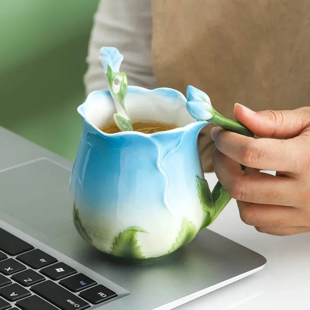 3D Rose Flower Coffee Mug Ceramic Coffee Mugs Cute Aesthetic Water Cups with Spoon Summer Winter Drinking Utensils Valentine&