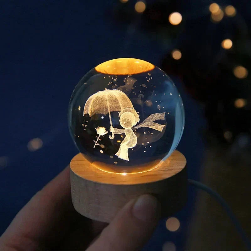 3D Crystal Night Light LED - Starry Sky Projector with Wooden Base, Romantic Lighting for Bedroom &amp; Gifts |