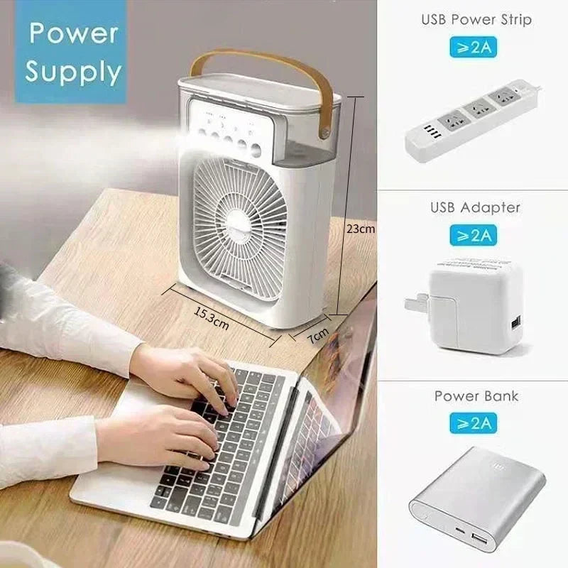 3-in-1 Mini Air Cooler Fan – Portable Household Air Conditioner with LED Night Light, Humidifier, and Adjustable Air for Home &amp; Office |