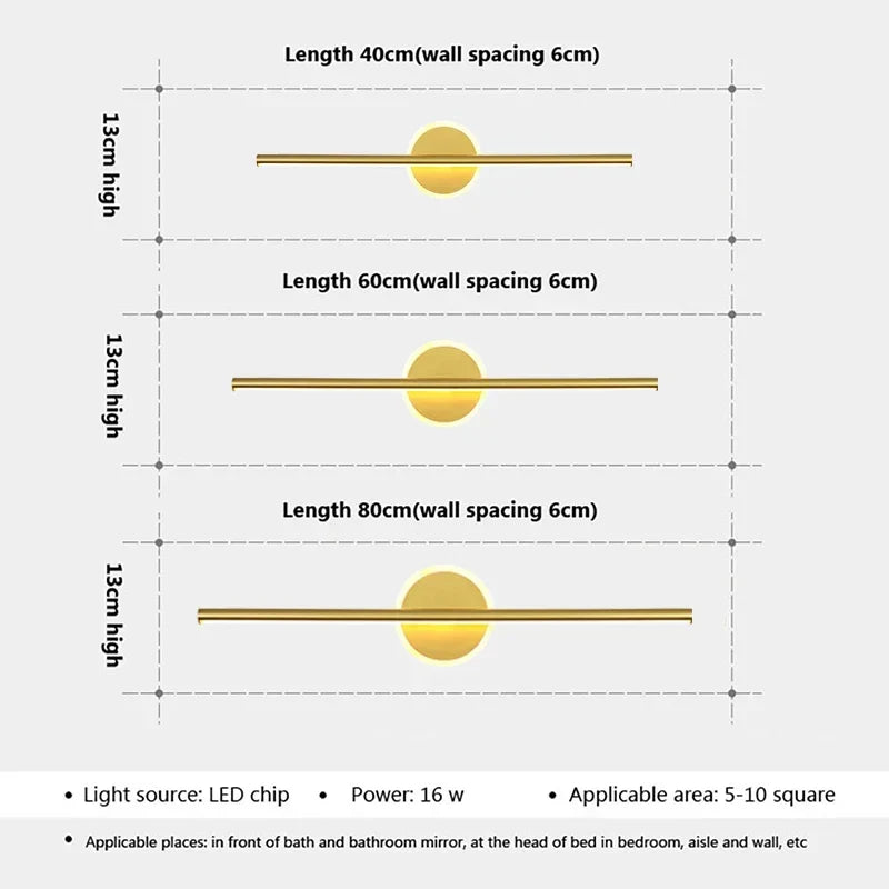 LED Wall Light LineaLux | Black &amp; Gold | 40/60/80 cm | Warm, Cold &amp; Three-color Light | Modern Mirror &amp; Wall Lighting