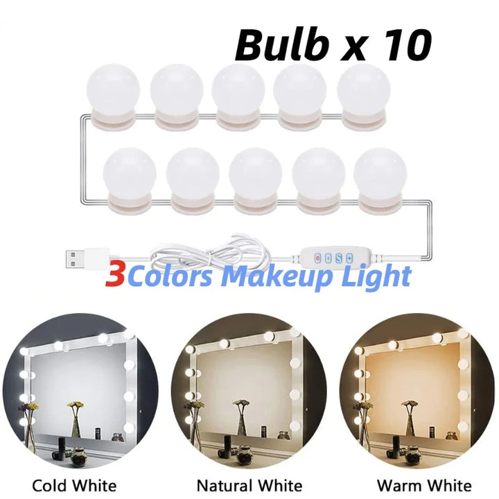 Glamora | LED Makeup Mirror Light Set | 10 Hollywood-Style Lamps | USB, Dimmable &amp; 3 color Modes