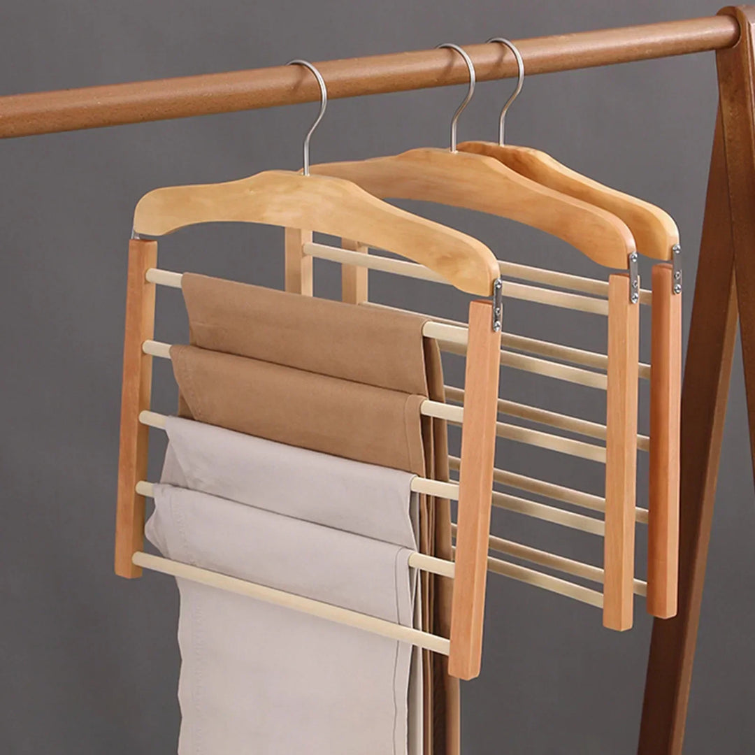 Space-saving wooden multi-pants hanger