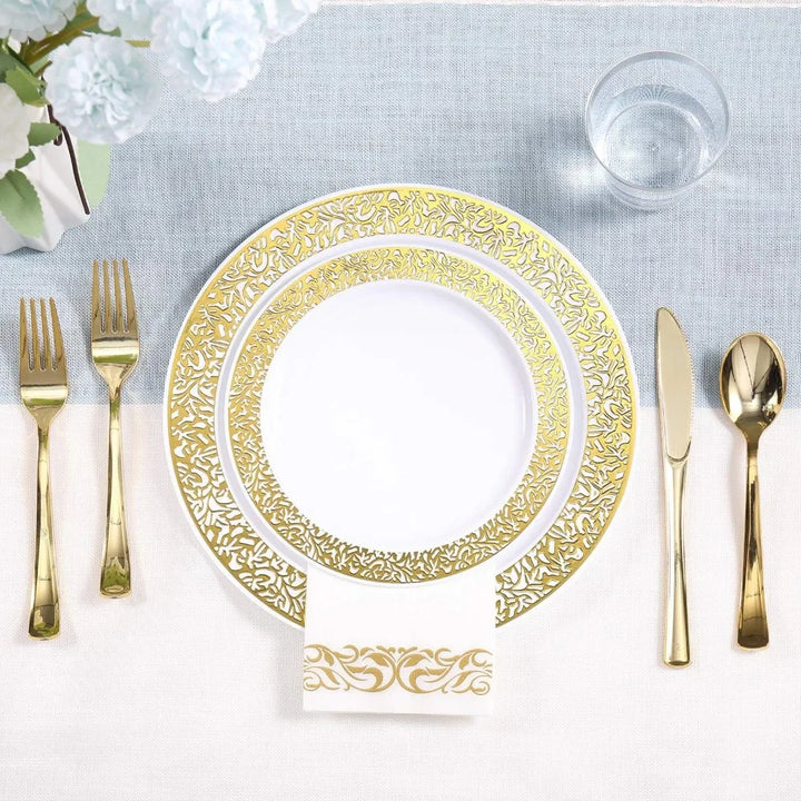 350pcs Disposable Gold Lace Dinnerware Set for 50 Guests