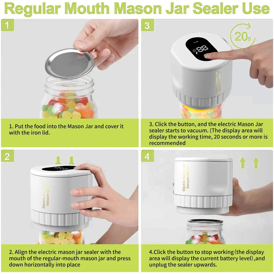 Electric Mason Jar Vacuum Sealing Set - Cordless Sealer for Wide Mouth and Regular Mason Jars - Ideal for Food Storage