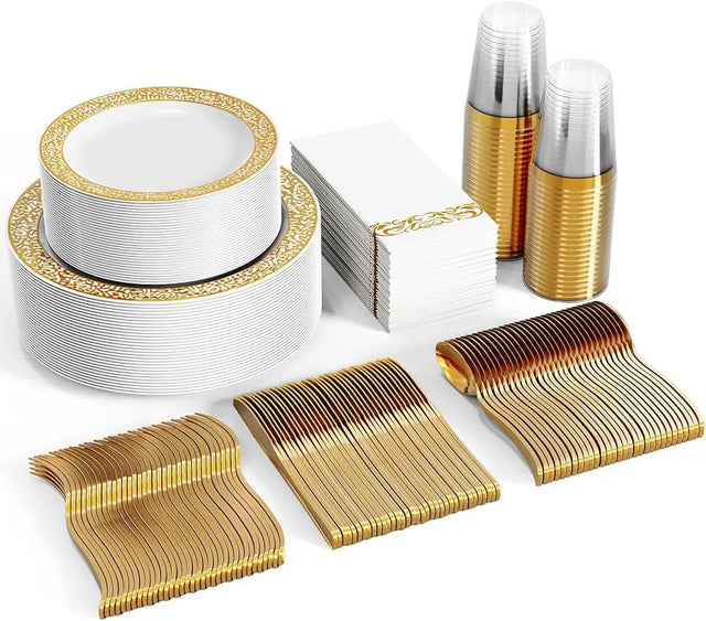 350pcs Disposable Gold Lace Dinnerware Set for 50 Guests