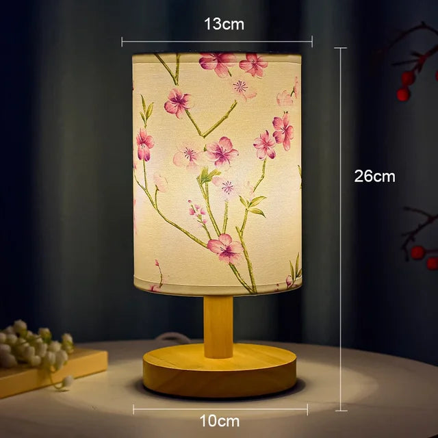 Dimmable LED bedside lamp with fabric shade in plum blossom – Perfect bedroom night lamp