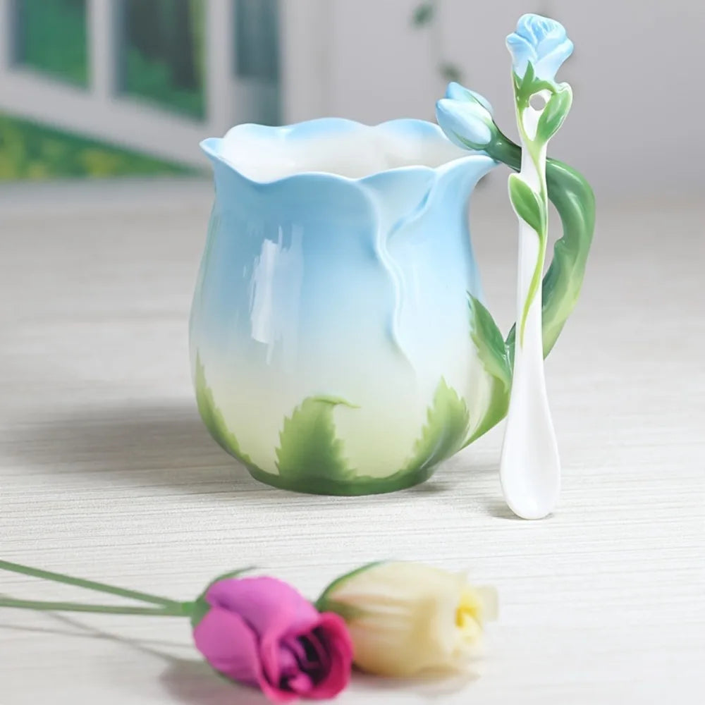 3D Rose Flower Coffee Mug Ceramic Coffee Mugs Cute Aesthetic Water Cups with Spoon Summer Winter Drinking Utensils Valentine&