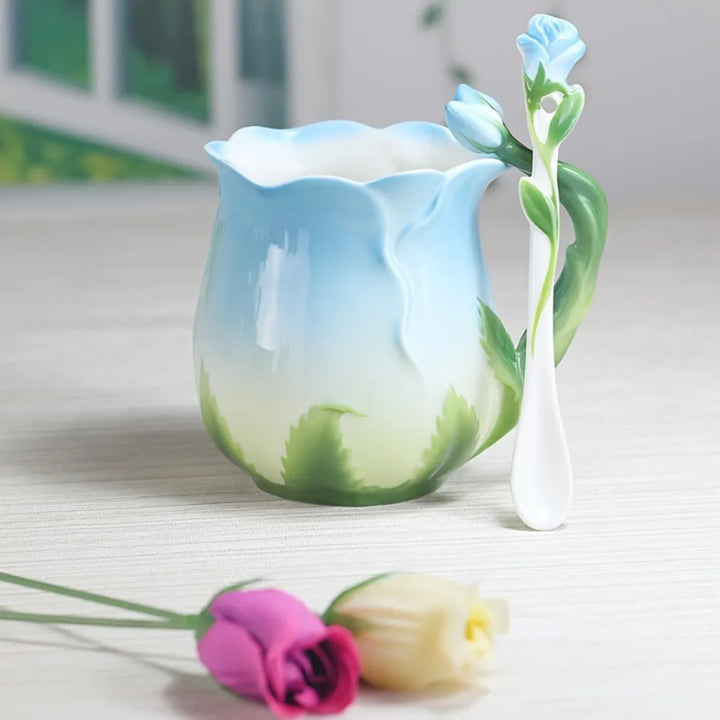 3D Rose Flower Coffee Mug Ceramic Coffee Mugs Cute Aesthetic Water Cups with Spoon Summer Winter Drinking Utensils Valentine&