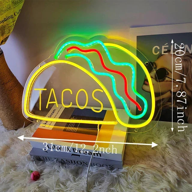 Neon Fast Food Sign – Bright Tacos Design, LED Night Light for Restaurants and Kitchens |