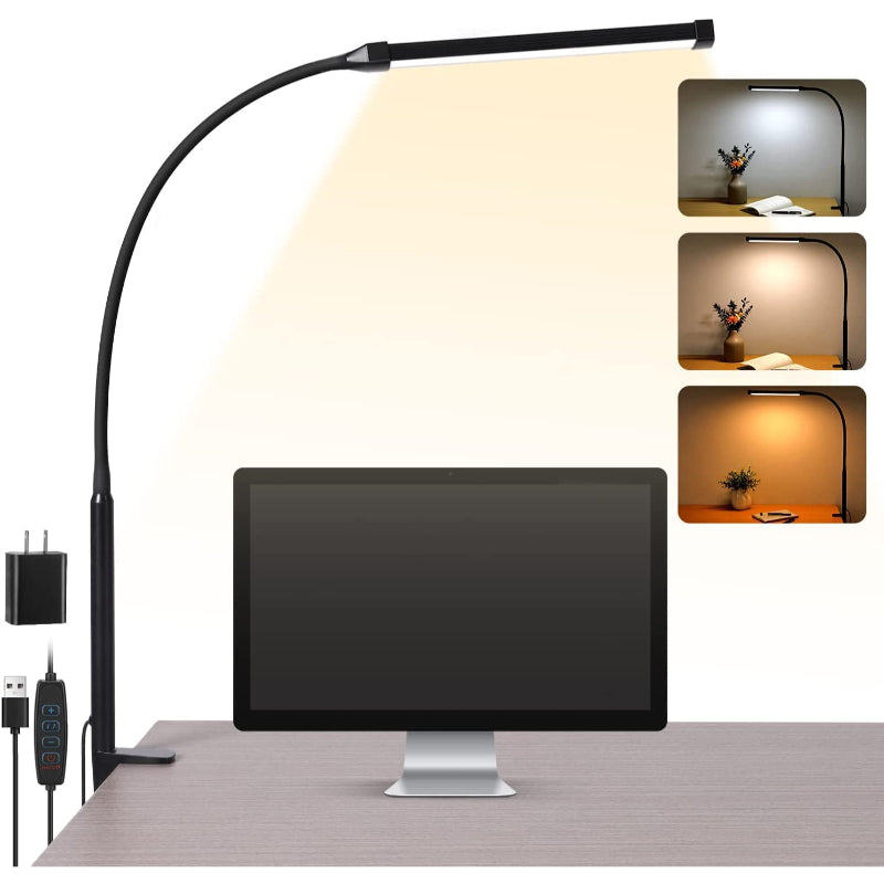 LED Desk Lamp - Eye-Friendly Desk Lamp with Clamp, Flexible Swing Arm, 3 Modes, 10 Brightness Levels, USB Adapter
