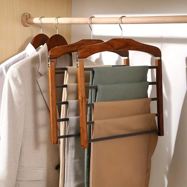 Space-saving wooden multi-pants hanger