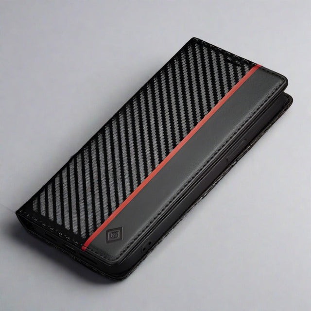 S23 Phone case | Card holder made of carbon fiber leather with magnetic closure