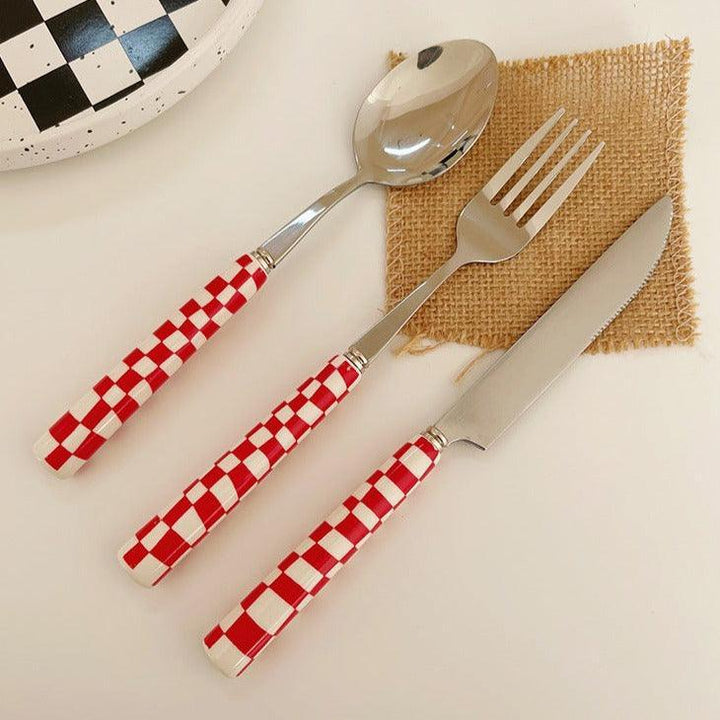 Checked Stainless Steel Silver Cutlery Black Red Yellow Green