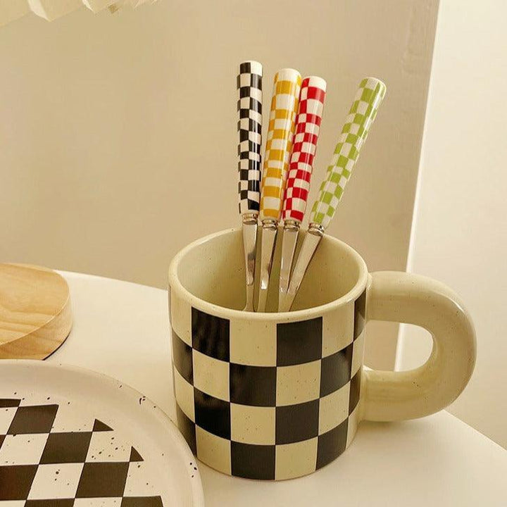 Checked Stainless Steel Silver Cutlery Black Red Yellow Green