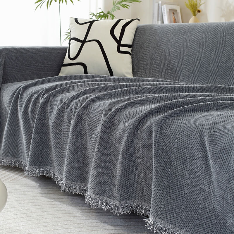 Chenille Sofa Cover Herringbone Tassel Design