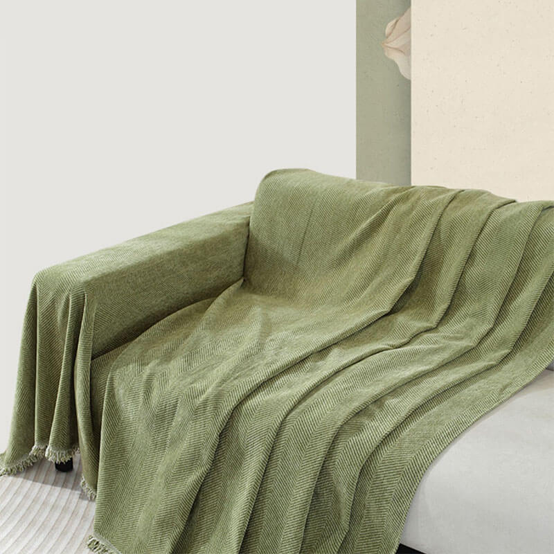 Chenille Sofa Cover Herringbone Tassel Design