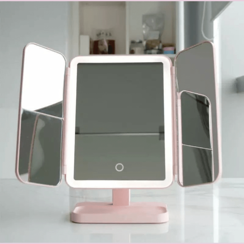 Three-part mirror with LED lighting in 3 colors for perfect make-up