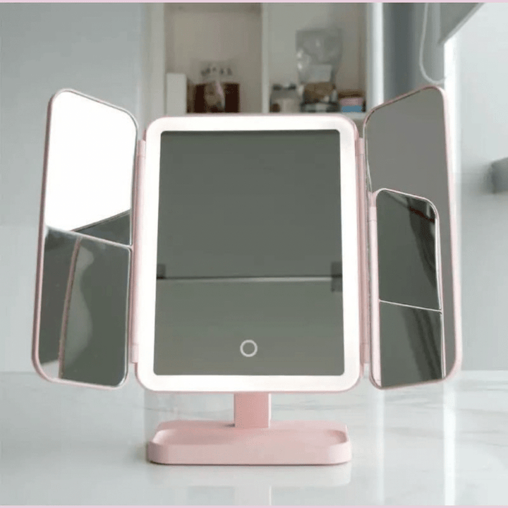 Three-part mirror with LED lighting in 3 colors for perfect make-up