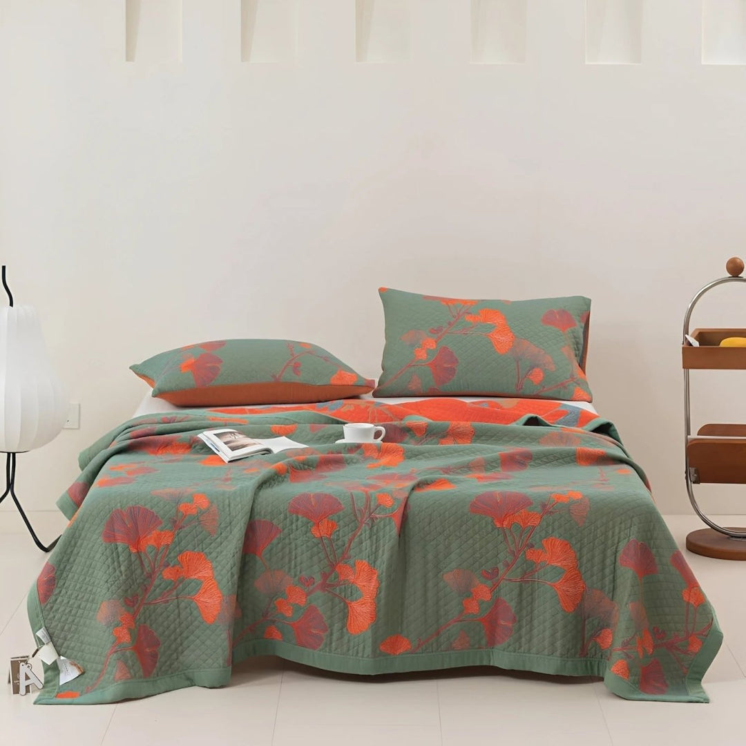 GinkgoQuilt – Cotton Bedding Set with Botanical Reversible Design