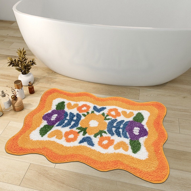 colourful Flower Bathroom Mat, Orange Flora Soft Bathroom Rug, Woven Bath Mat, Purple Tulip Water-Absorbent Non-Slip Bath Mat