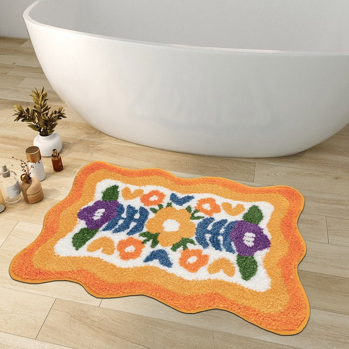 colourful Flower Bathroom Mat, Orange Flora Soft Bathroom Rug, Woven Bath Mat, Purple Tulip Water-Absorbent Non-Slip Bath Mat