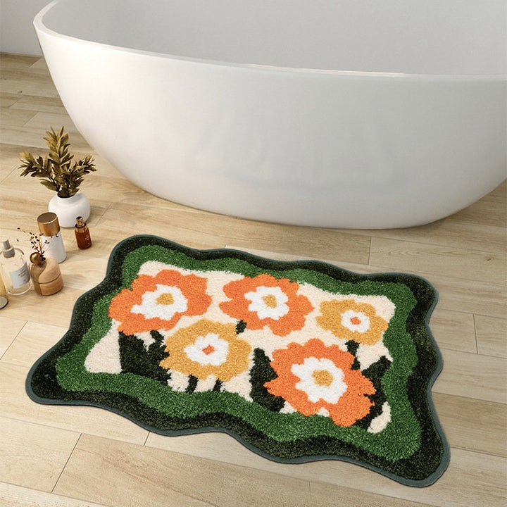 colourful Flower Bathroom Mat, Orange Flora Soft Bathroom Rug, Woven Bath Mat, Purple Tulip Water-Absorbent Non-Slip Bath Mat