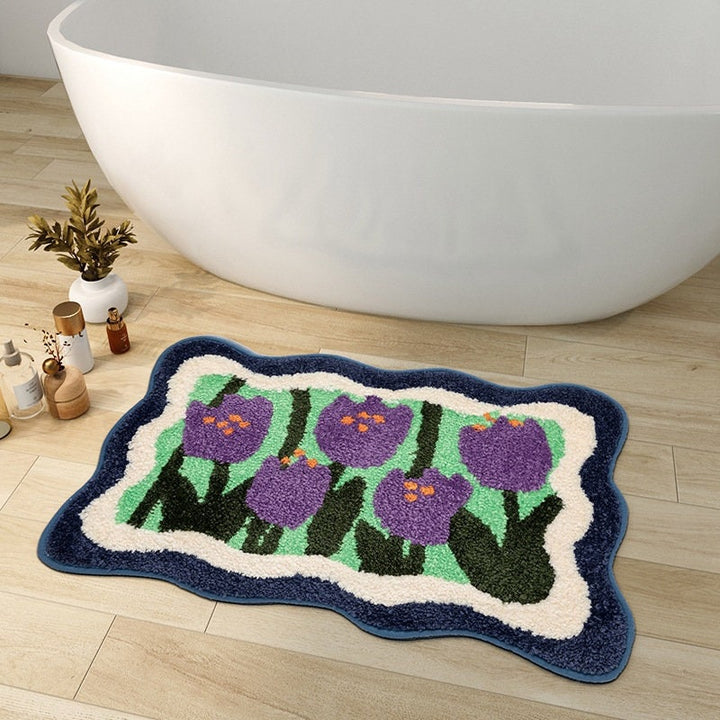 colourful Flower Bathroom Mat, Orange Flora Soft Bathroom Rug, Woven Bath Mat, Purple Tulip Water-Absorbent Non-Slip Bath Mat