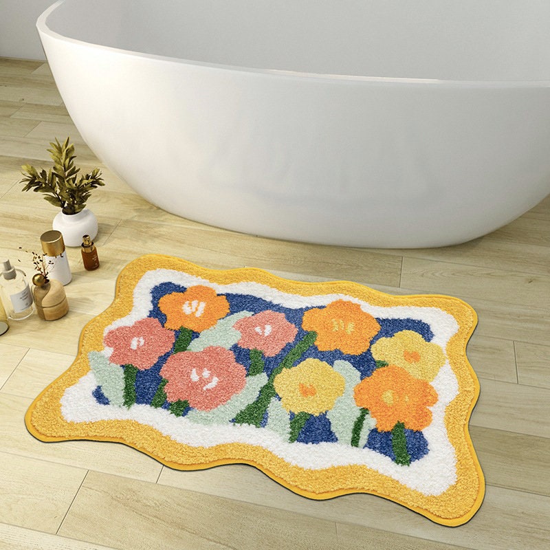 colourful Flower Bathroom Mat, Orange Flora Soft Bathroom Rug, Woven Bath Mat, Purple Tulip Water-Absorbent Non-Slip Bath Mat