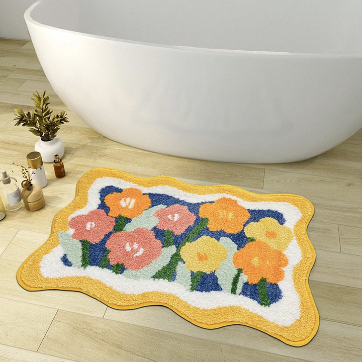 colourful Flower Bathroom Mat, Orange Flora Soft Bathroom Rug, Woven Bath Mat, Purple Tulip Water-Absorbent Non-Slip Bath Mat
