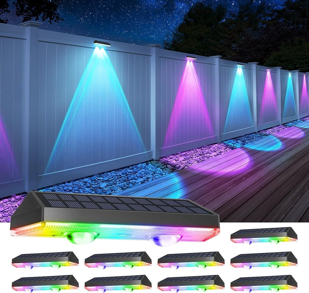 Solar fence lights outdoor warm white &amp; RGB changing solar deck lights, LED solar lights for outdoor wall railing terrace stairs step garden backyard